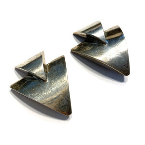Vintage Mid Century Clip On Earring Chunky 1980s Silver Geometric Art Triangles